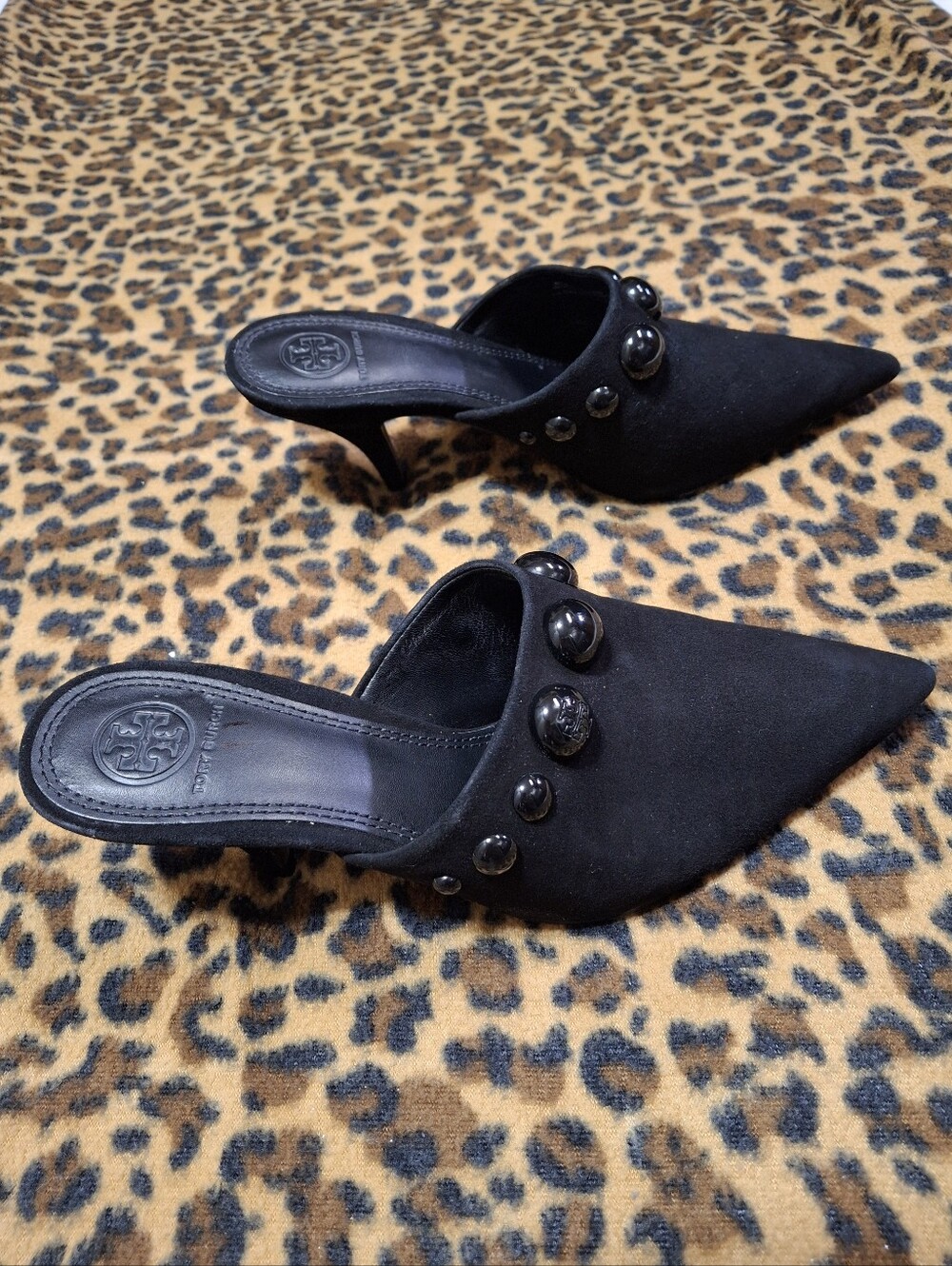 Tory Burch Georgina Studded Suede Kitten Heel Pointed Toe Mules Shoes Size 7 - Picture 6 of 16